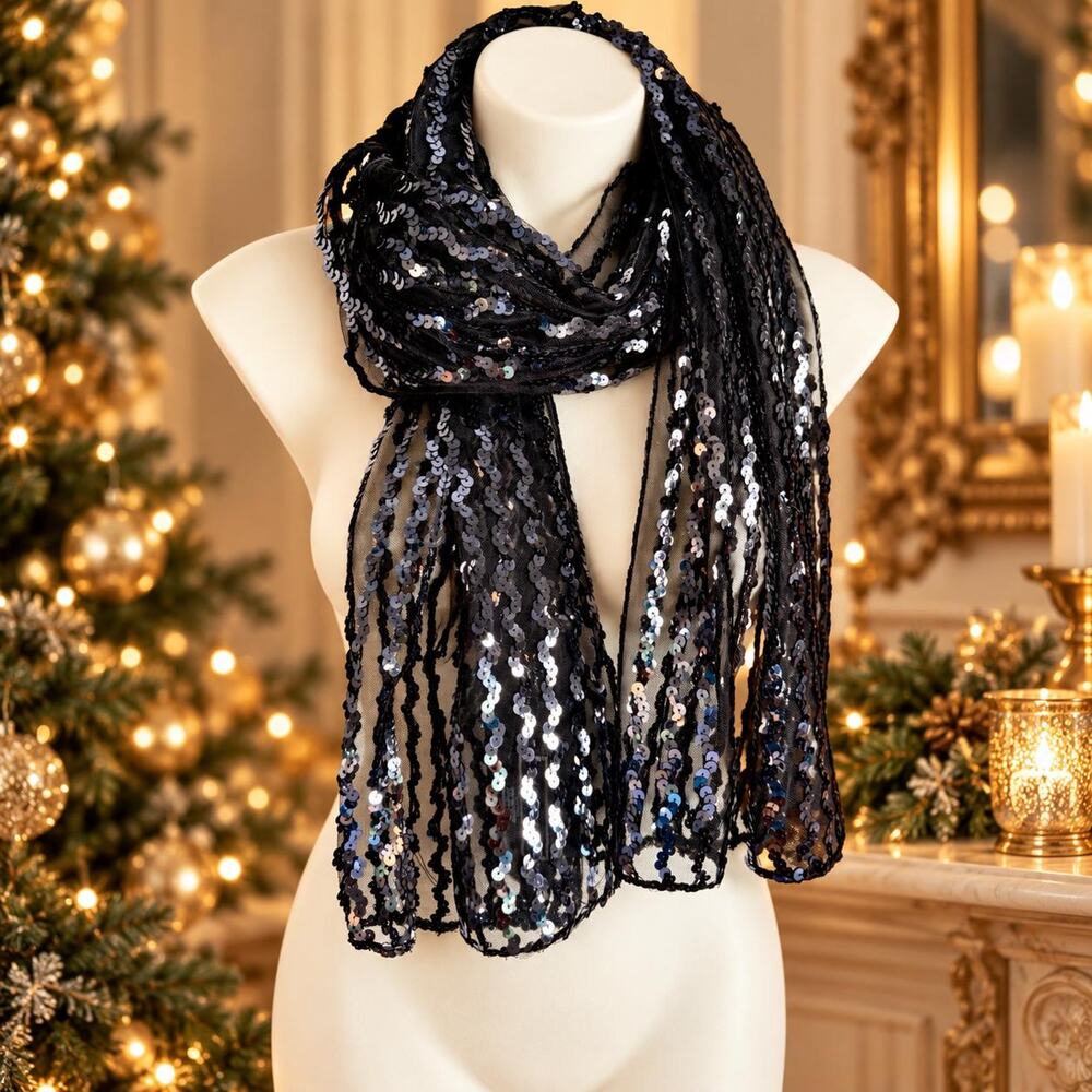 Vintage Halston 1990s Black Sequin Mesh Holiday Evening Wrap Scarf 19x70